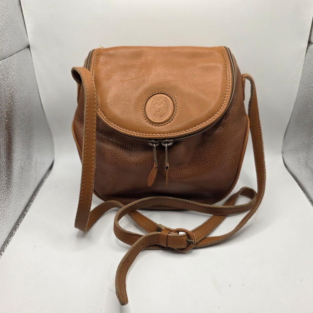 Unisa Vintage Tan Brown Pebbled Leather Crossbody Bag Made in Uruguay Crest Logo
